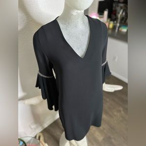 Mark’s Ther Paris Black V-neck Long Trumpet Sleeve MIDI Dress. Size Small. NWT!